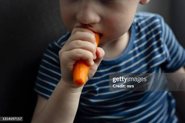 small boy eating carrot - biting ストックフォトと画像