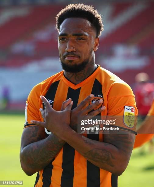 Mallik Wilks of Hull City celebrates after scoring their sides second goal from the penalty spot during the Sky Bet League One match between Lincoln...