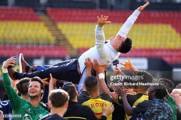 Xisco Munoz, Manager of Watford is thrown into the air by Players of Watford as their side are Promoted to the Premier League during the Sky Bet...