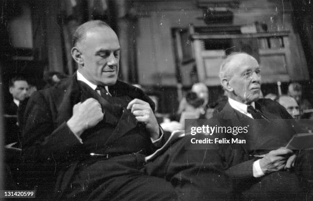 Minister of Production Oliver Lyttelton listening to Anthony Eden's speech at the Tory Party Conference at Central Hall, Westminster, London, 5th...