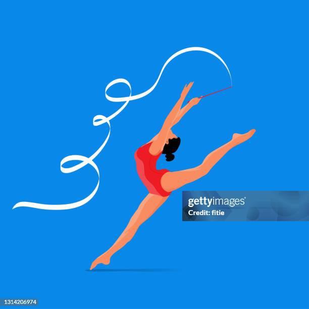 ilustraciones, imágenes clip art, dibujos animados e iconos de stock de mujer realizando gimnasia rítmica con cinta, aislada sobre fondo azul. - rhythmic gymnastics