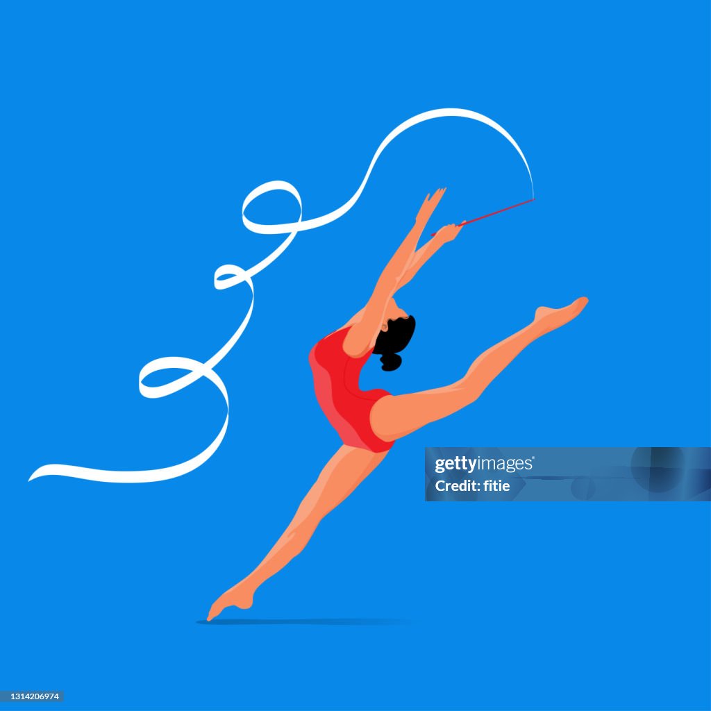 Mulher realizando ginástica rítmica com fita, isolada em fundo azul.