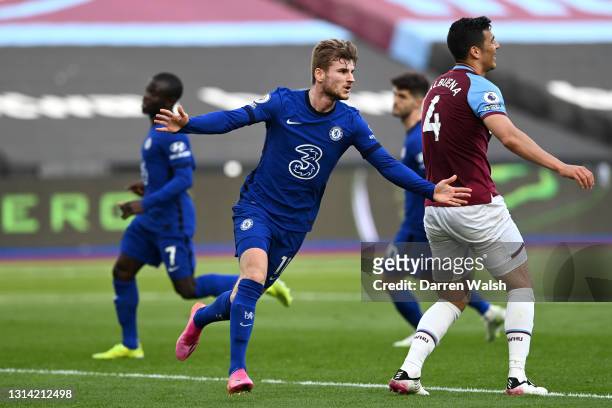 Timo Werner of Chelsea celebrates after scoring their sides first goal during the Premier League match between West Ham United and Chelsea at London...