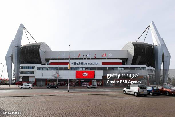 Outside view of PSV stadium before the Dutch Eredivisie match between PSV and FC Groningen at Philips Stadion on April 24, 2021 in Eindhoven,...