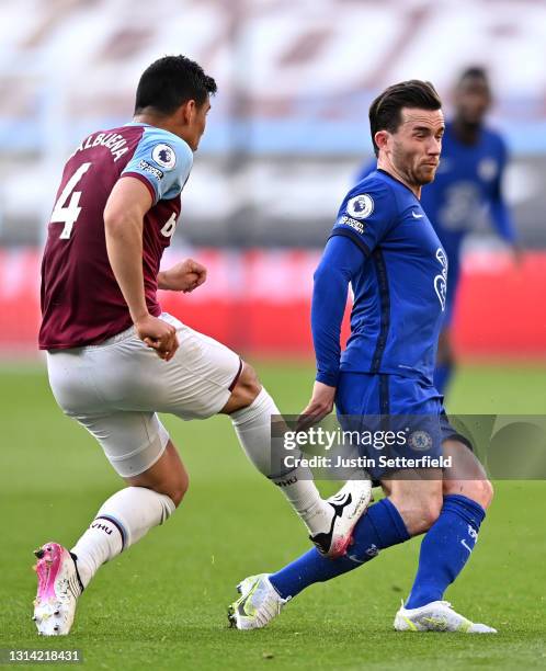 Ben Chilwell of Chelsea is fouled by Fabian Balbuena of West Ham United, resulting in a Red Card during the Premier League match between West Ham...