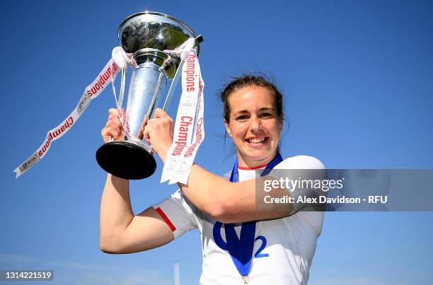 Emily Scarratt of England poses with the Six Nations trophy after the Women's Six Nations match between England and France at The Stoop on April 24,...