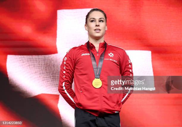 Giulia Steingruber of Switzerland celebrates winning the gold medal during the medal ceremony of the Vault during the Apparatus Finals of the of the...