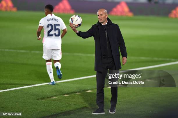 Zinedine Zidane, Head Coach of Real Madrid reacts during the La Liga Santander match between Real Madrid and Real Betis at Estadio Santiago Bernabeu...