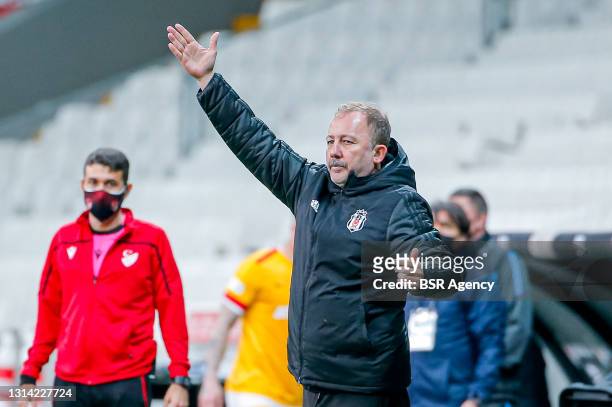 Head coach Sergen Yalcin of Besiktas gestures during the Super Lig match between Besiktas and Kayserispor at Vodafone Park on April 24, 2021 in...