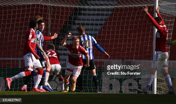 Middlesbrough player Duncan Watmore celebrates after scoring the third Boro goal during the Sky Bet Championship match between Middlesbrough and...