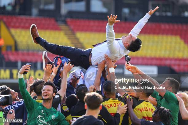 Xisco Munoz, Head Coach of Watford is thrown into the air by Players of Watford as their side are Promoted to the Premier Leagueduring the Sky Bet...