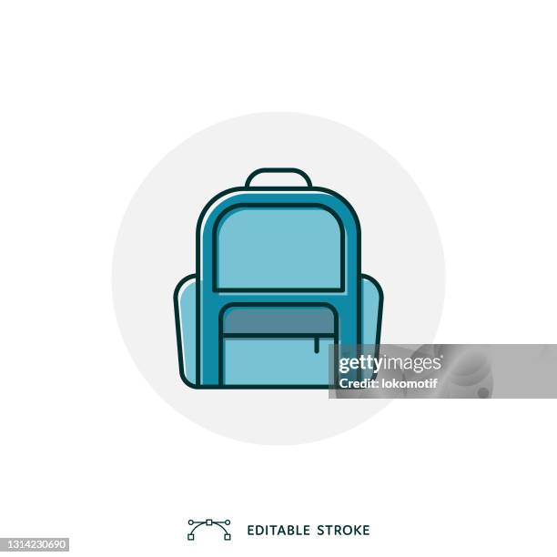 ilustraciones, imágenes clip art, dibujos animados e iconos de stock de lineal color flat school bag icono con trazo editable - mochila bolsa