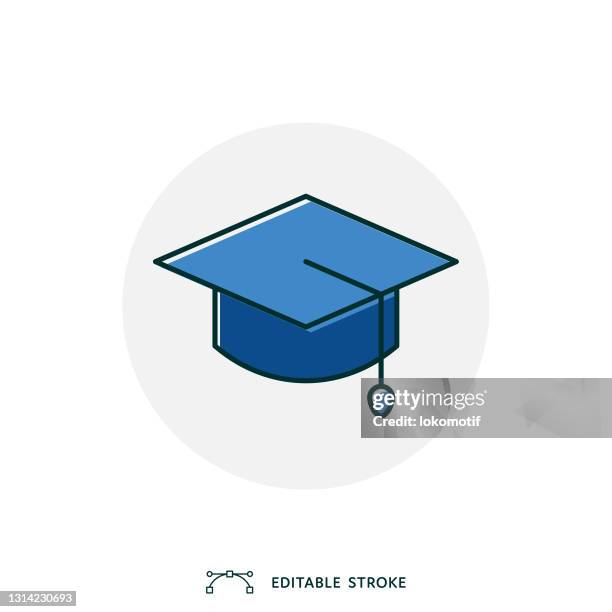 illustrations, cliparts, dessins animés et icônes de graphisme plat lineal de mortier de couleur avec la course modifiable - toque de diplômé