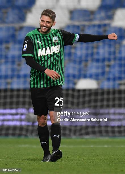 Domenico Berardi of Sassuolo celebrates after scoring their team's first goal during the Serie A match between US Sassuolo and UC Sampdoria at Mapei...