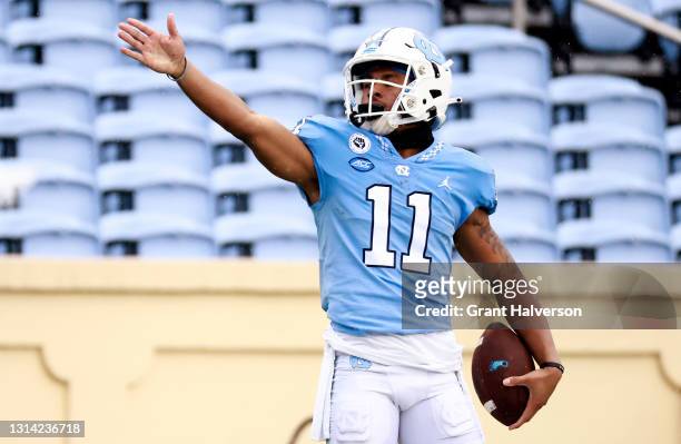 Josh Downs of North Carolina Tar Heels reacts after making a catch for a first down during their spring game at Kenan Memorial Stadium on April 24,...