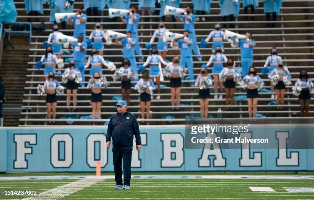 Head coach Mack Brown of North Carolina Tar Heels watches during their spring game at Kenan Memorial Stadium on April 24, 2021 in Chapel Hill, North...