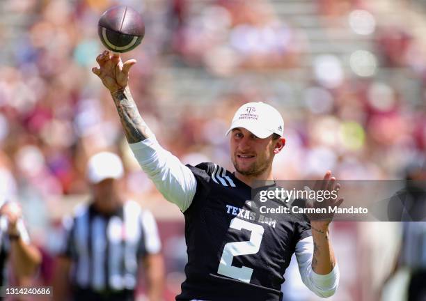 Johnny Manziel throws a pass during half time of the spring game at Kyle Field on April 24, 2021 in College Station, Texas.