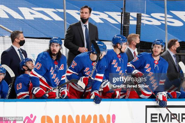 Head Coach David Quinn of the New York Rangers looks on from the bench against the Philadelphia Flyers at Madison Square Garden on April 22, 2021 in...