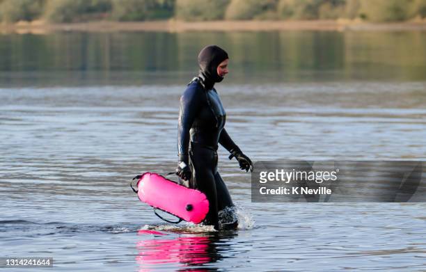 wild swimming in a freshwater reservoir - wetsuit stock pictures, royalty-free photos & images