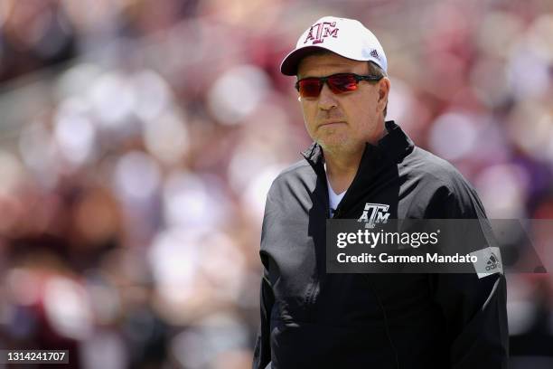 Head coach Jimbo Fisher of the Texas A&M Aggies looks on during the first half of the spring game at Kyle Field on April 24, 2021 in College Station,...