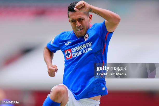 Elias Hernandez of Cruz Azul celebrates after scoring his team's first goal during the 16th round match between Cruz Azul and Atletico de San Luis as...