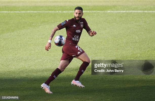 Dylan Bronn of FC Metz during the Ligue 1 match between FC Metz and Paris Saint-Germain at Stade Saint-Symphorien on April 24, 2021 in Metz, France.