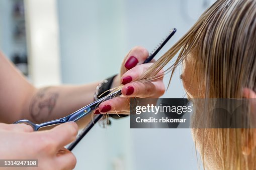 Hands of a professional hairdresser scissors the bangs of wet hair of a blonde woman. Fashionable hairstyle design in a beauty salon. Small female business Hands of a professional hairdresser scissors the bangs of wet hair of a blonde woman. Fashionable hairstyle design in a beauty salon. Small female business
