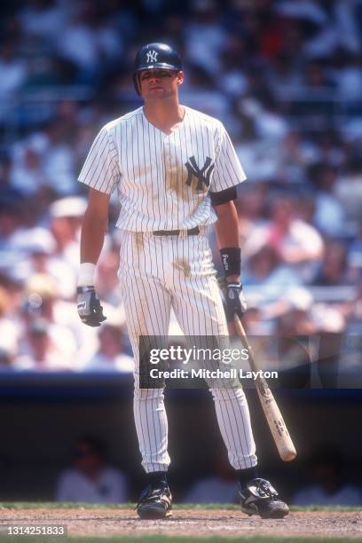 Andy Fox of the New York Yankees prepares for a pitch during a baseball game against the Cleveland Indians on June 16, 1996 at Yankee Stadium in New...