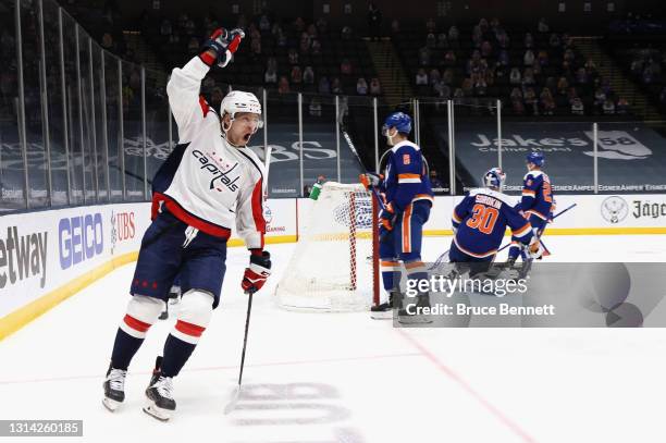 Evgeny Kuznetsov of the Washington Capitals celebrates his goal at 7:35 of the third period against the New York Islanders at the Nassau Coliseum on...