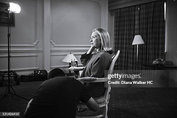 Secretary of State Hillary Clinton recording interviews for American Sunday morning television shows is photographed for Time Magazine on October 23,...