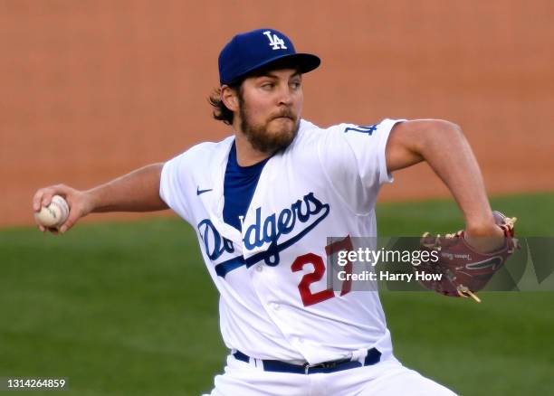 Trevor Bauer of the Los Angeles Dodgers pitches to the San Diego Padres during the first inning at Dodger Stadium on April 24, 2021 in Los Angeles,...