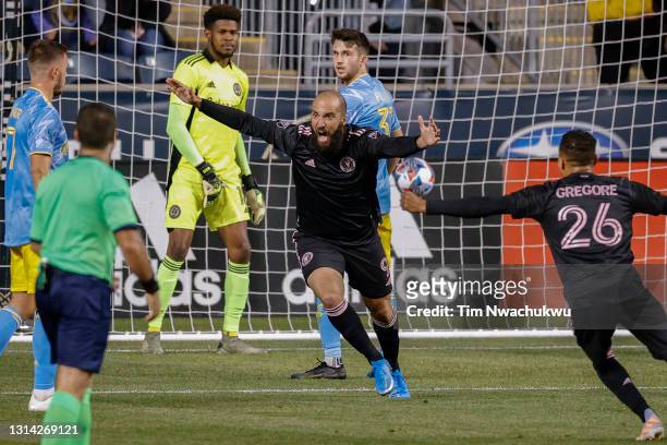 Gonzalo Higuain of Inter Miami CF celebrates after scoring a goal during the second half against the Philadelphia Union at Subaru Park on April 24,...