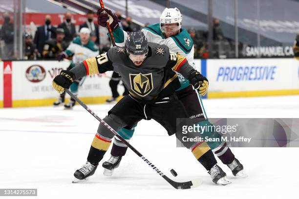 Chandler Stephenson of the Vegas Golden Knights controls the puck as David Backes of the Anaheim Ducks defends during the third period of a game at...