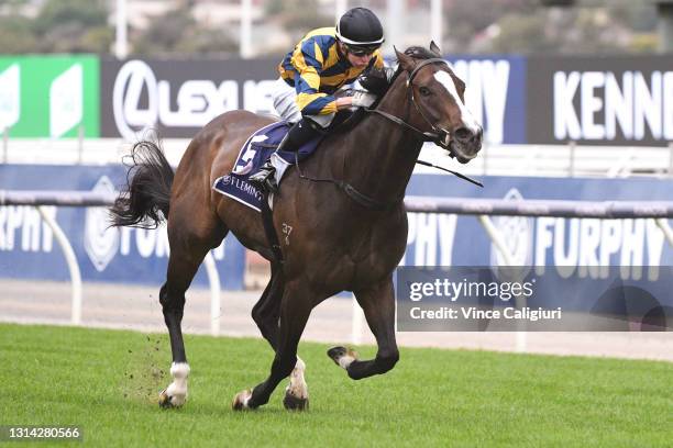 Michael Dee riding Sartorial Splendor winning Race 3, the Wgcdr Ian Bayles Dfc, during Anzac Day Race Day at Flemington Racecourse on April 25, 2021...