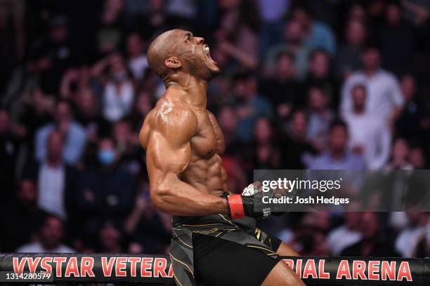 Kamaru Usman of Nigeria reacts after defeating Jorge Masvidal by knock out in their UFC welterweight championship bout during the UFC 261 event at...