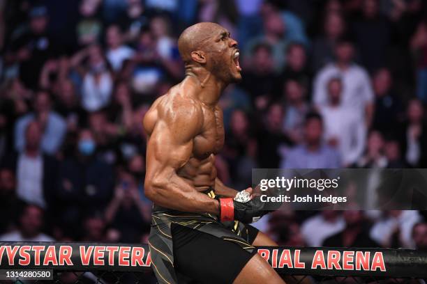 Kamaru Usman of Nigeria reacts after defeating Jorge Masvidal by knock out in their UFC welterweight championship bout during the UFC 261 event at...