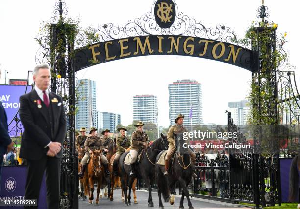 Anzac Ceremonial Service during Anzac Day Race Day at Flemington Racecourse on April 25, 2021 in Melbourne, Australia.