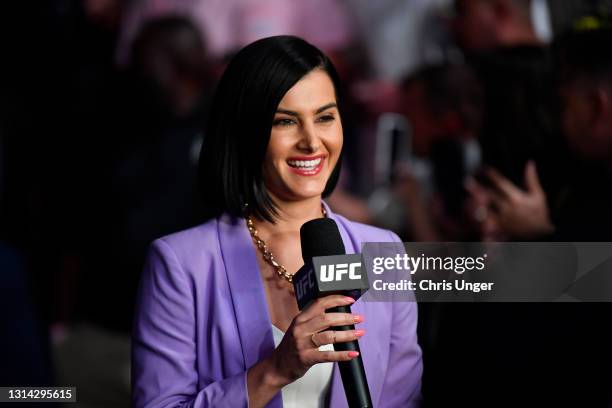 Host Megan Olivi reports backstage during the UFC 261 event at VyStar Veterans Memorial Arena on April 24, 2021 in Jacksonville, Florida.