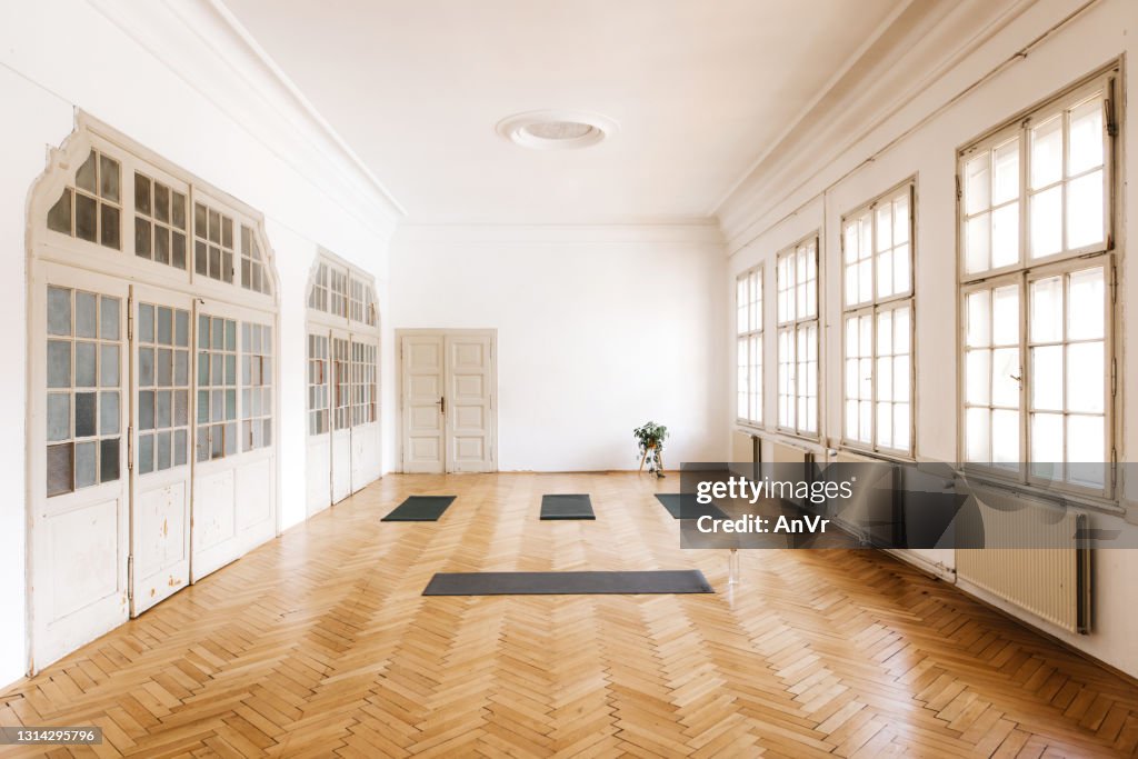 High angle shot of a bright yoga studio
