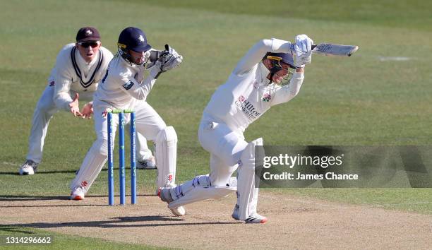 Danny Lamb of Lancashire bats as Zak Crawley and Ollie Robinson, Wicketkeeper of Kent look on during Day One of the LV= Insurance County Championship...