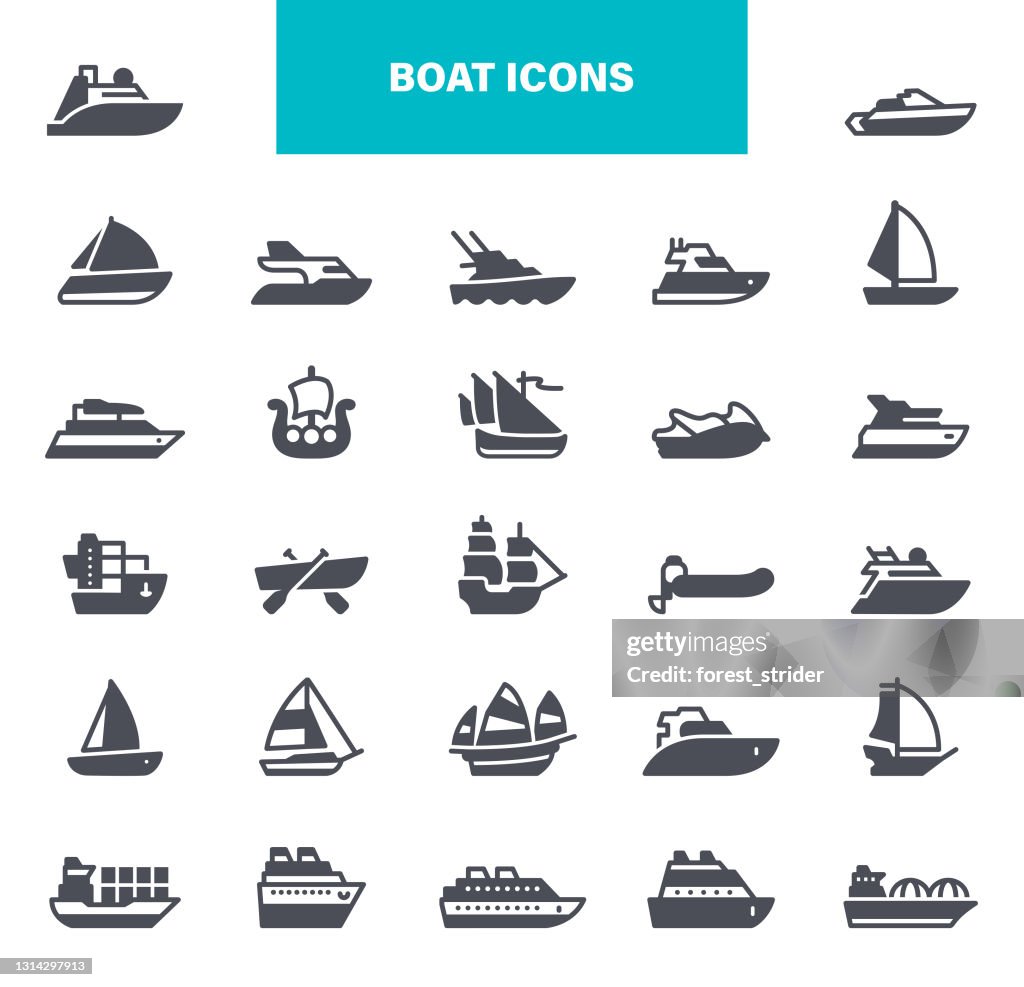 Iconos de barcos y barcos. Contiene iconos tales como Contiene iconos tales como yate, crucero, envío de carga, ferry, goleta, scooter de agua