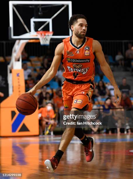 Tad Dufelmeier of the Taipans dribbles the ball during the round 15 NBL match between the Cairns Taipans and the South East Melbourne Phoenix at...