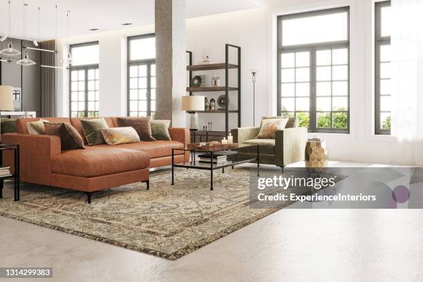 modern apartment living room interior - concrete couch stock pictures, royalty-free photos & images