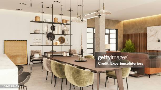 modern apartment dining room interior - velvet couch stock pictures, royalty-free photos & images