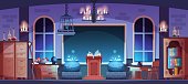 Magic school. Magician classroom interior with potion, spell book or broom. Witchcraft laboratory. Room furnishing with bookcases and candles. Vector sorcerer workspace illustration