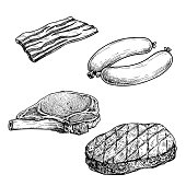 Meat sketch set. Bacon slice, sausages, pork steak with rib and grilled beefsteak. Butchery hand drawn illustrations for menu and market designs. Isolated on white background.