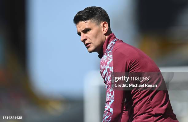 Ashley Westwood of Burnley warms up prior to the Premier League match between Wolverhampton Wanderers and Burnley at Molineux on April 25, 2021 in...