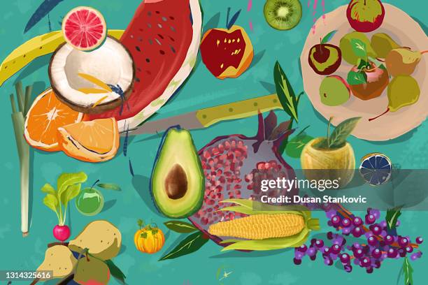 fruit and vegetable preparation - vegan stock illustrations