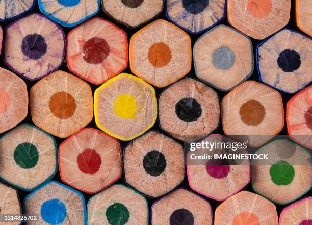 close-up of colored pencils back view - school close up stock-fotos und bilder