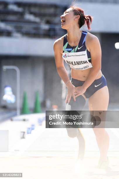 Maya Nakanishi of Japan competes in the Women’s Long Jump T64 day two of the Japan Para Athletics Championships at the Yashima Rexxam Field on April...